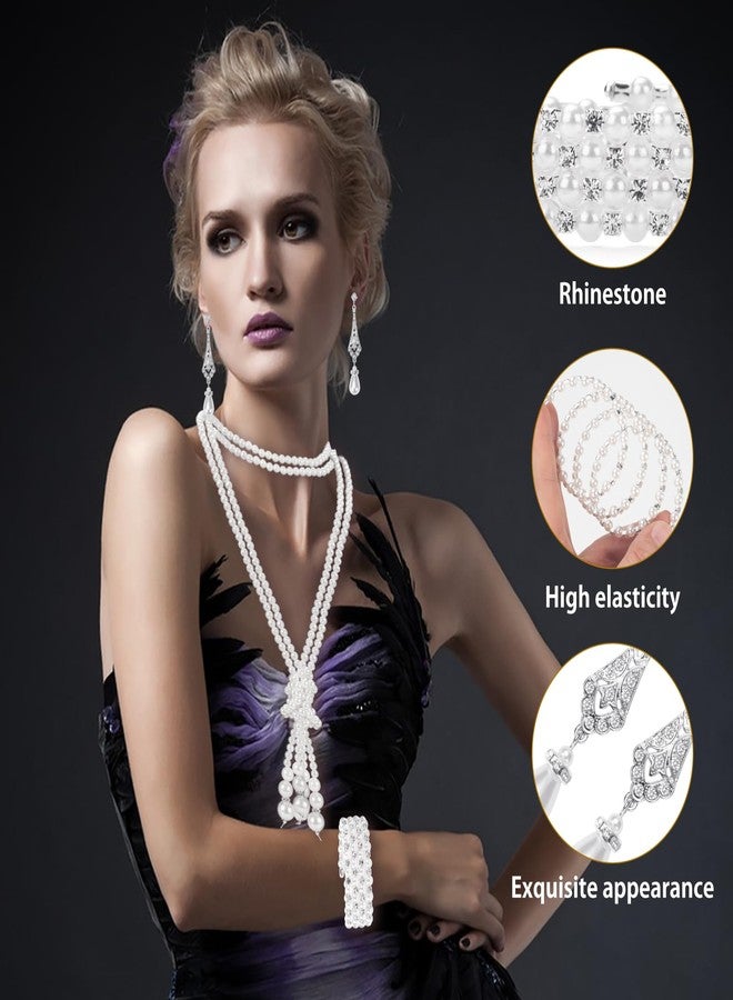 GHGMAO 1920s Pearl Jewelry Set Include Long Pearl Necklace and Earring Set Multilayer Pearl Bracelet Flapper Accessories for Women (Delicate) - Image 4